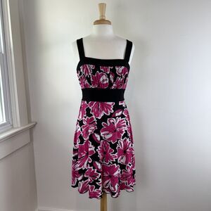Y2K Speechless Pink Floral Empire Waist Dress | Black Fit & Flare Tie Back